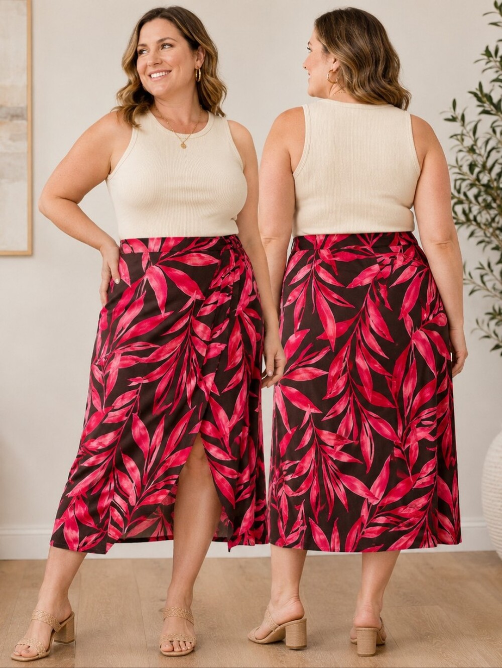 Time and Tru Tropical Leaf Midi Skirt Size L 12–14 Resortwear Vacation NWT